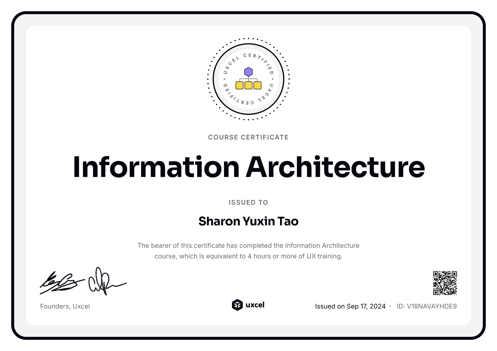 Sharon Yuxin Tao's certificate